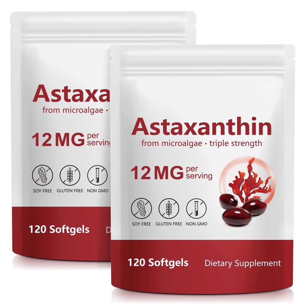 Astaxanthin 12mg, 120 Softgels, (2Pack) Premium Astaxanthin Antioxidant Activity, Supports Eye, Skin, Gabungan & Imune System Health, Fresh Micrae Source, Non-GMO