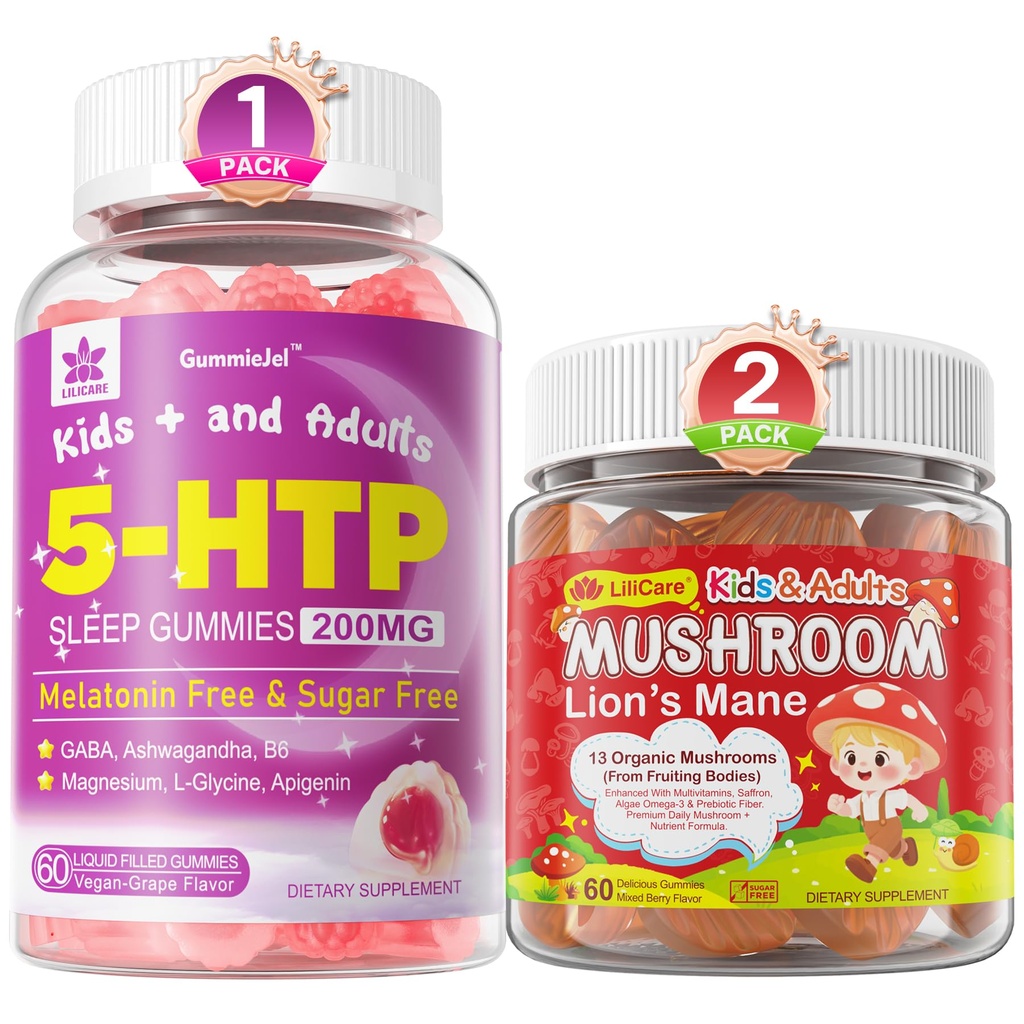 LLIICARE Bundle: Mushroom Lions Mane + Saffron + Algae Omega- 3 Gummies + 5HTP Gummies for Kids & Dewasa