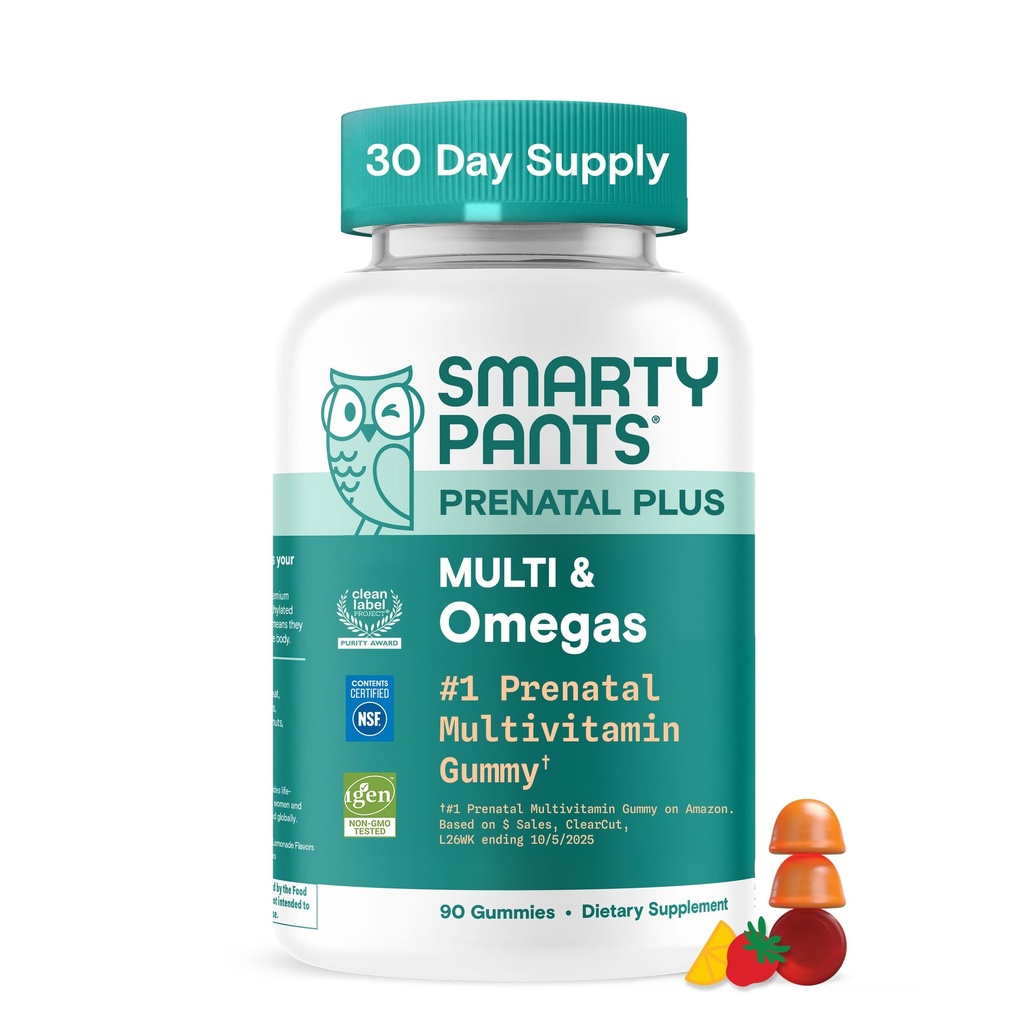 SmartyPants Prenatal Multivitamin Gummies dengan Omega 3 DHA / EPA, Methylfolat, Biotin, Vitamin D3, C, B12, B6, A, K, dan Zinc, Gluten Free, Clean Label, Dua Fruit Flavors, 90 Gummies (30 Hari Supply)