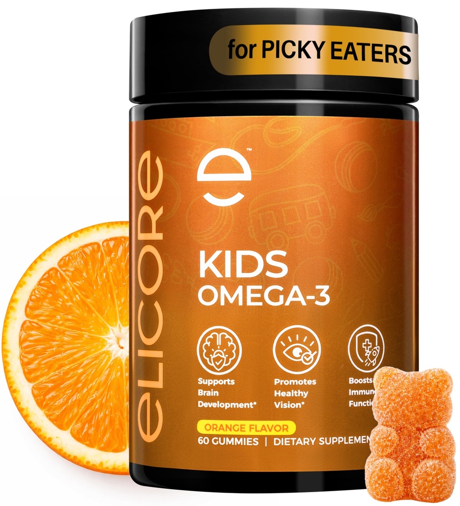 Premium Kids Omega 3 Gummies - Orange Flavor Fish Oil untuk Anak-anak - Omega 3 Gummies untuk Anak-Anak - Tidak ada Burps Ikan - Otak, Mata & Imune Dukungan - 2 Pasokan Bulan