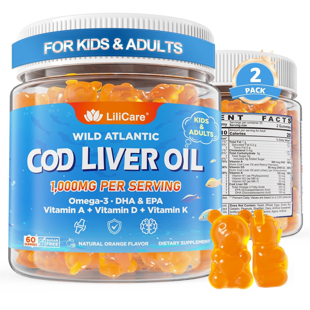 Cod Liver Oil Gummies 100mg for Kids & Adults - w / Omega 3 (EPA & DHA), Vitamin A, D3 & K2 - Cod Liver Oil Omega 3 Gummies for Imune, Brain & Cognitive Dukungan, SugarFree, Orange Flavor, 120Cts
