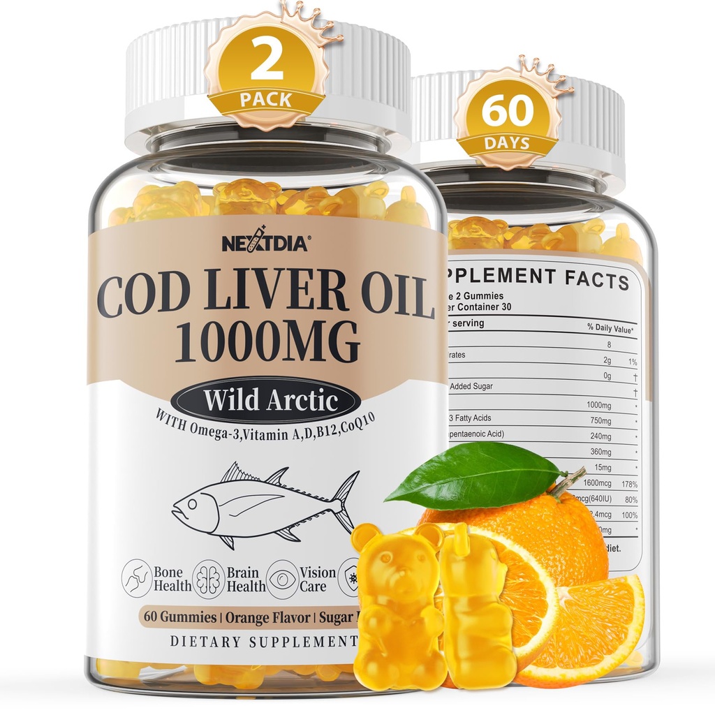 Cod Liver Oil 1000mg Gummies for Adules & Kid, with Vitamin A & D3 - Omega 3 Oil Suplemen - DHA 360mg & EPA 240mg for Brain, Bone, Eye & Immune Health, Sugar Free, 120 Count