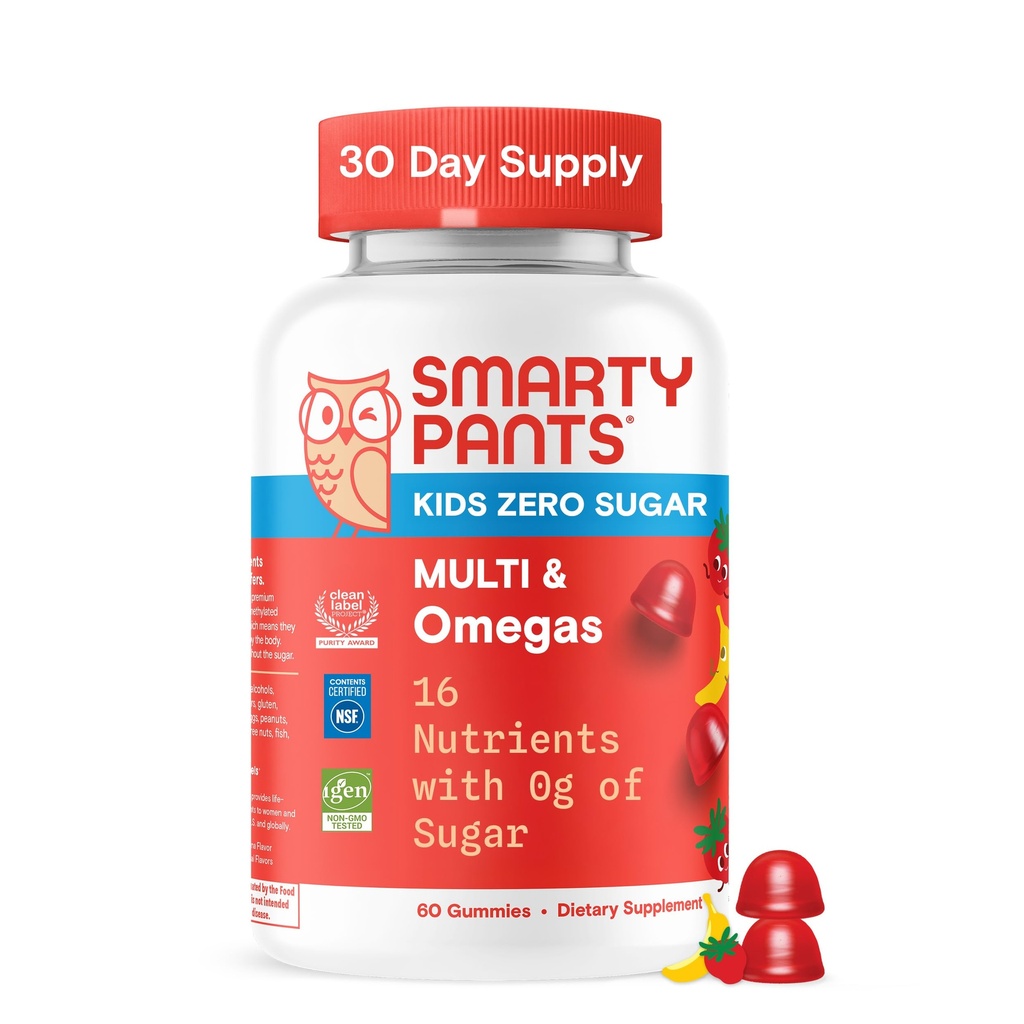SmartyPants Kid Zero Sugar Multivitamin Gummies: Omega-3, Vitamin D, C, A, Plant-Based, Gluten Free, Strawberry Banana Flavor, 60 Count (30 Hari Suppply)