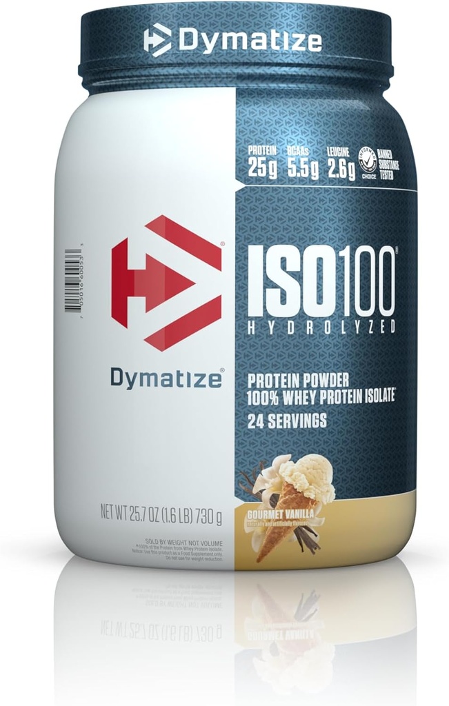 dymatize ISO100 Hydrolyzed Protein Powder, 100% Whey Isolat Protein, 25g Protein, 5.5g BCAAs, Gluten Free, Dissorbing Cepat, Easy Digesting, Gourmet Vanilla (24 Pelayan)