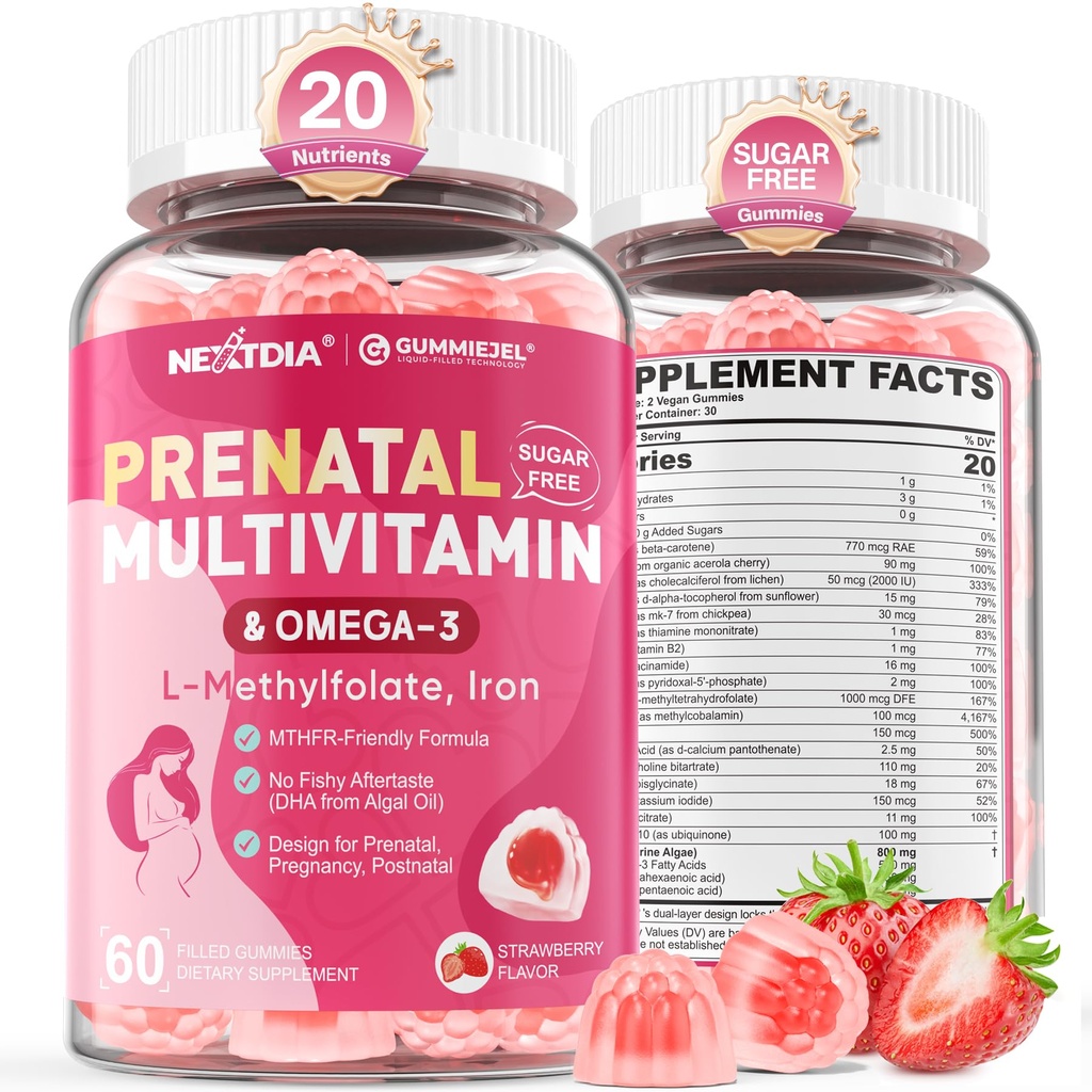 Prenatal Vitamin for Women Gummies, Methylfolat 1mg, Vegan Omega 3 DHA 800mg, Iron, Chooline, Iodin, Vitamin D3 B6 B12 - Multivitamin for Women Before, During & After Pregnancy, Sugar Free, 60 Count