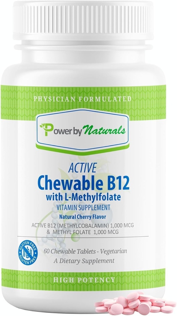 Power By Aburals Active Chewable Methylated B12 with L-Methyl Flile Suplement for Women & Men, Cherry Flavor, 60 Tablet