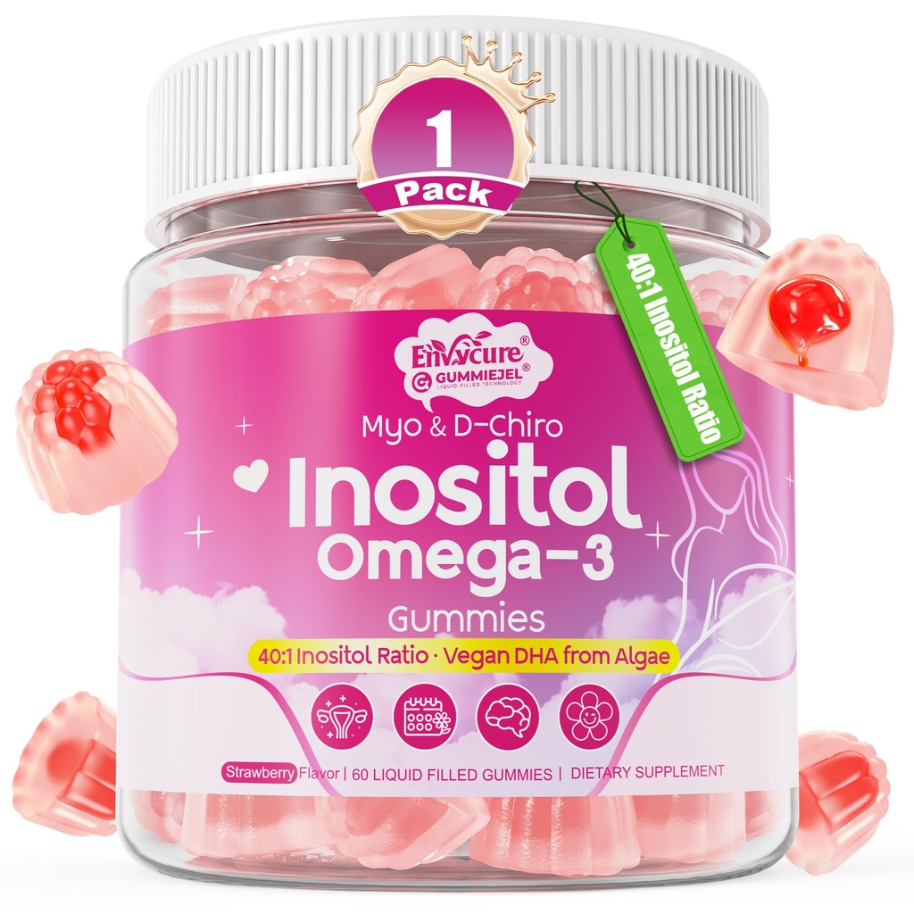 Myo- Inositol & D-Chiro Ideal 40: 1, Inositol + Omega-3 (3: 1) Gummies, Hormone Saldo for Women 124; Sugar Free Inositol Gummies w / Omega 3 DHA: EPA (3: 1), Inositol Suplemen untuk Kesehatan Cycle, Segan, 60 Ct