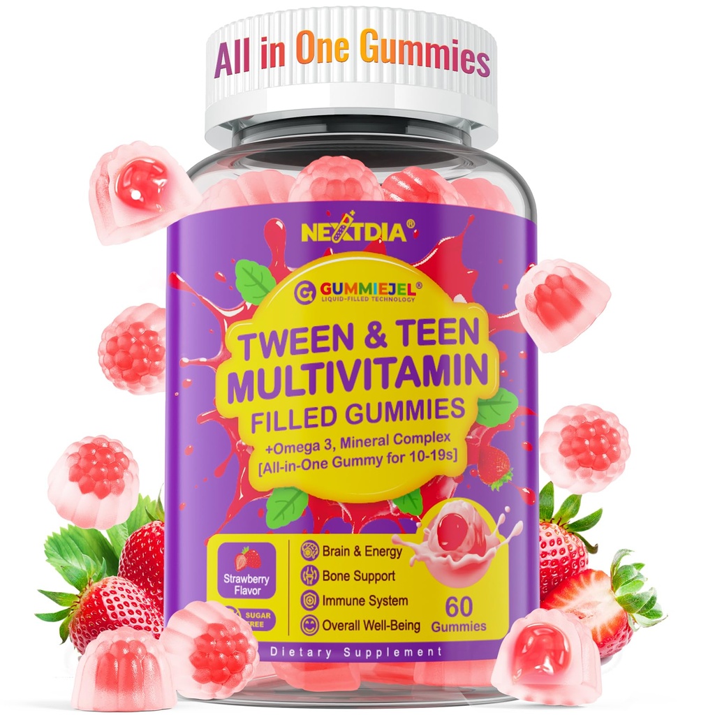 Nextdia Multivitamin Filled Gummies for Teen Boys Girls 12- 18, 19, Kids 10 + Multivitamin with Omega 3, Calcium + Magnesium + Zinc, Multi- Mineces for Adolescent 10- 19S Brain, Bone, Energy, Imune