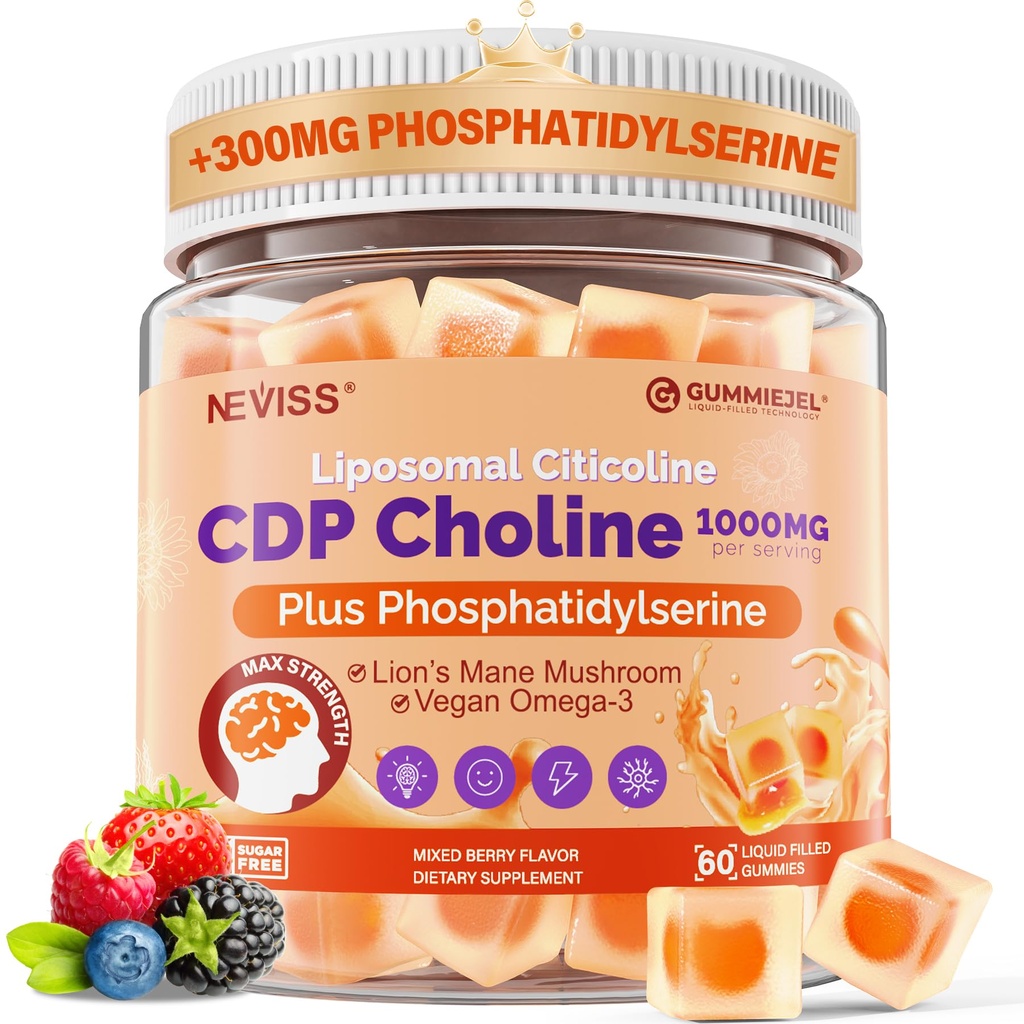 C00coline 1000mg & Phosphatidlyserine 300mg Suplemen COLLOD Gummies, Suplemen Otak untuk Memori dan Fokus w / Lion Mashroom Mane, Omegaga-3, Metode, B6 & B12, Non-GMO, Sugar Free, 60ct