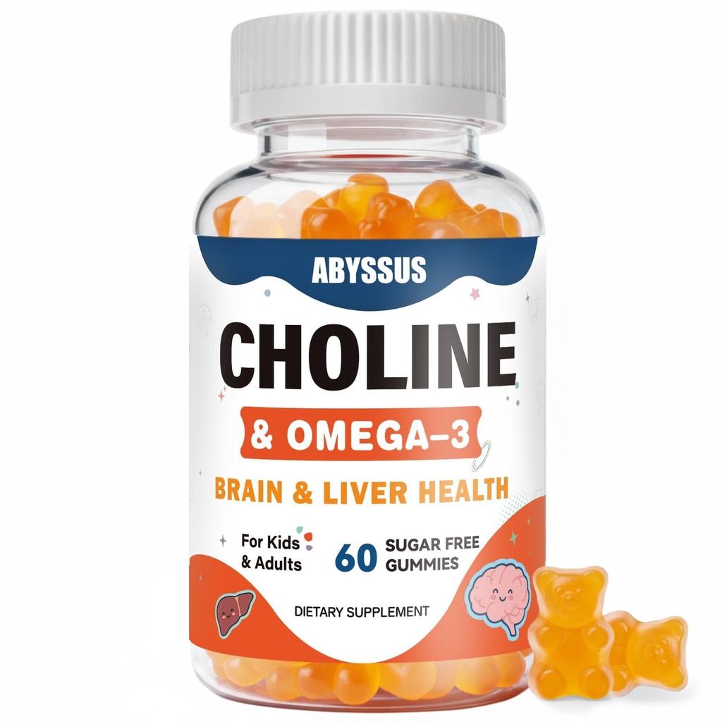 Gurita ABYSSUS Choline untuk Anak-anak & Dewasa, Suplemen B6 B12, Sugar Free Choline Bitartch dengan Algal Omega-3 DHA & Aktif B6 B12, Dukungan Hati & Hati, Vegan, 60 Cacah