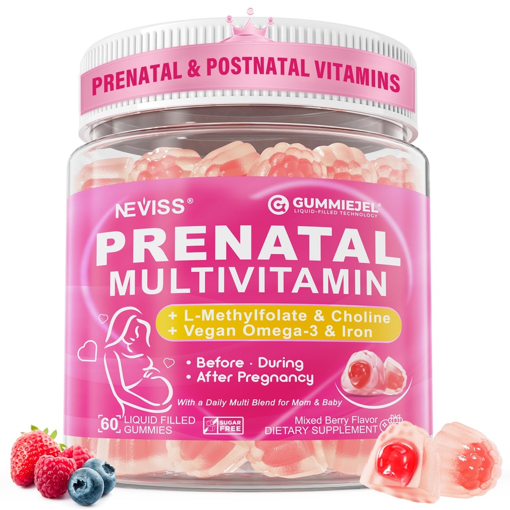 Prenatal Vitamin for Women Multivitamin Gummies w / Methylfolat 1mg, Choline Omega-3 (DHA + EPA) Iron, Postnatal Vitamin for Women Breathfed 124; Sebelumnya, During & After Pregnancy, Sugar Free, Vegan, 60Cts