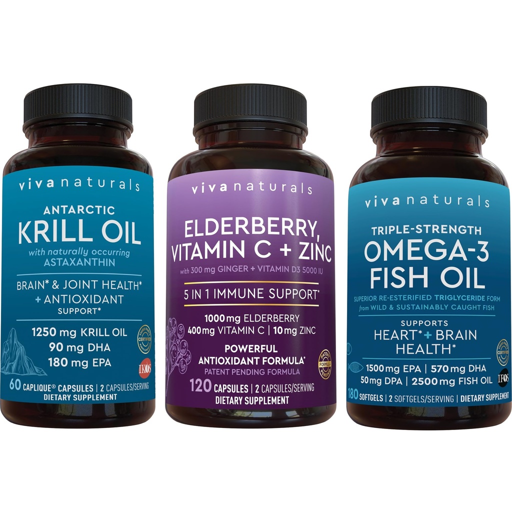1250 mg Antartika Krill Oil, Elderberry Vitamin C & Zinc dan 2.500 mg Triple- Kekuatan Omega 3 Oil Bundle, Menyediakan Omega 3 EPA dan DHA, Elderberry untuk Immune Support