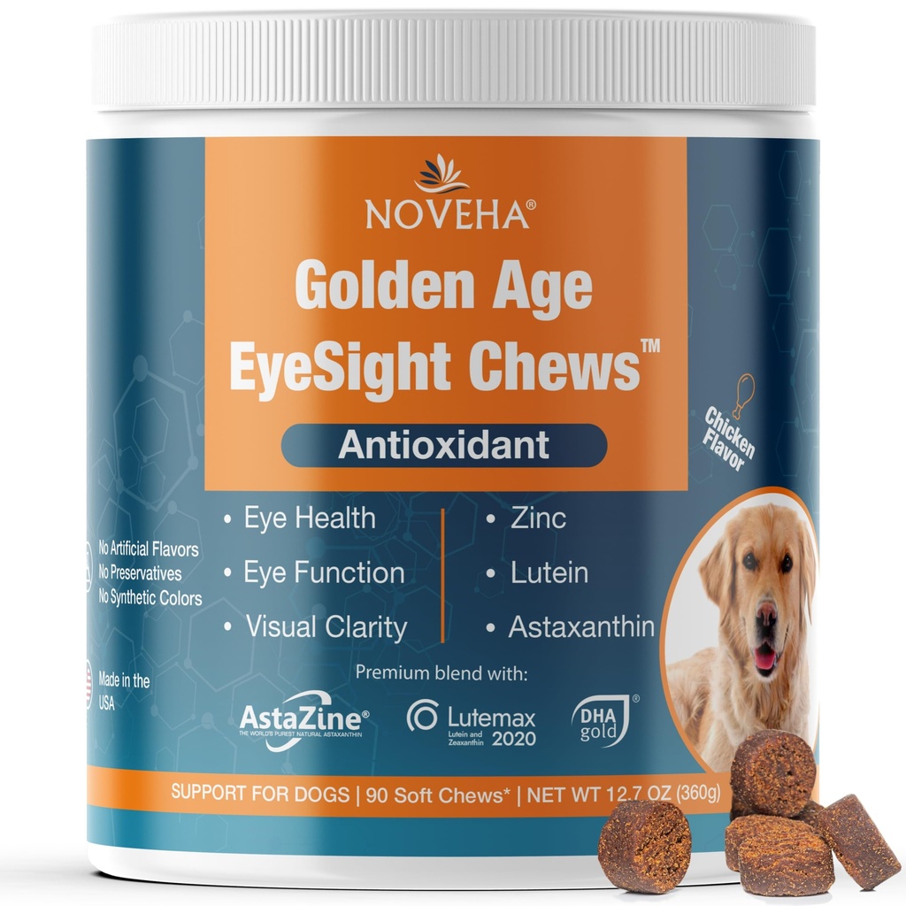 Tambahan Mata NOVEHA untuk Dogs (90 Chews) - Vision Dukungan dengan Lutein + Vitamin C & Astaxanthin Antioksidan - Dog Vitamin untuk Mata + Fish Oil untuk Omega 3 EPA - Dibuat di USA