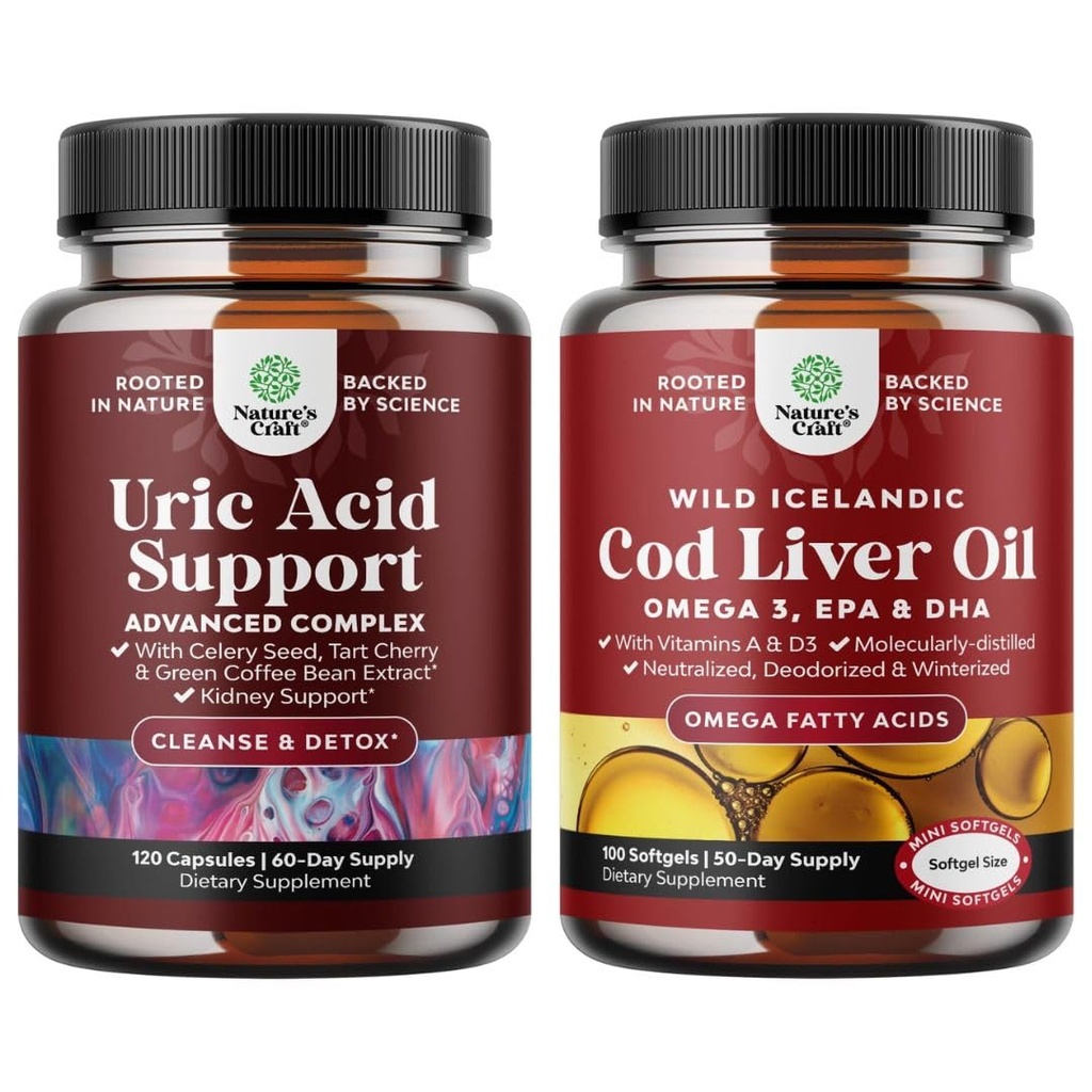 Bundle of Green Coffee Bean Extract for Uric Acid Cleanse - Turmeric Taart Cherry & Celery Seed and Islandia Wild Caught Cod Liver Oil Softgels - Fish Omega 3 EPA DHA Vitamin D & A 100mg Per Serving
