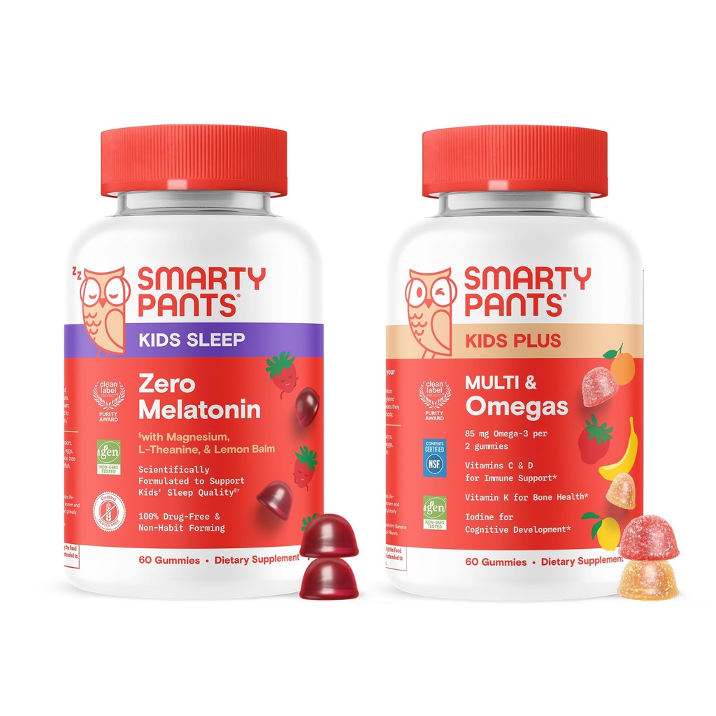 SmartyPants Kid Daily & Nighttime Wellness Bundle: Multivitamin + Sleep Gummies with L-Theanine, Lemon Balm & Magnesium - Free, Non- Habit Forming, 60 Count (Pack of 2)
