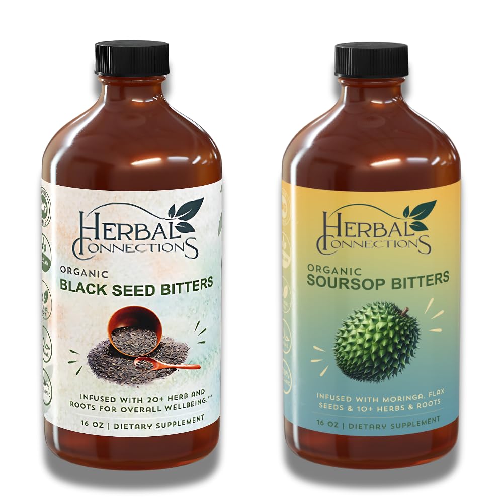 Herbal Connections Organic Soursop & Black Seed Bitters Bundle - Natural Plant - berbasis Ingredients for Gentle Detox & Digetical Health Two Bottles, 32 Ounces (16 Ounces Masing-masing), 64 Servis