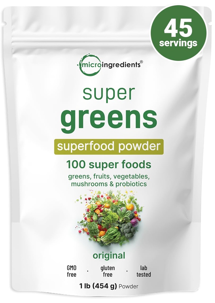 Micro Ingrediens Super Greens Powder, 1lb 124; 100 Superfood Blend with Daily Greens, Fruits, Vegetable, Mushroom & Progeous 124; Source of Vegan Protein & Enzymes 124; Non-GMO, Gluten- Free, No Addonics