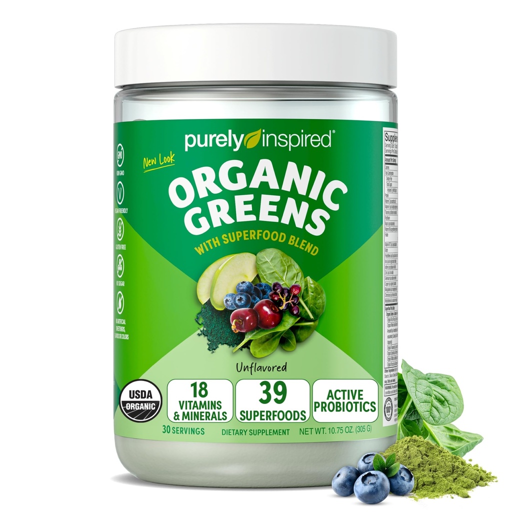 Purty Inspired Organic Greens Powder Superfood Smoothie Mix, Unfetamined (30 Pelayan) - Super Greens with Progories, Spirulina & Chlorella for Gut & Digetical Health - Vegan