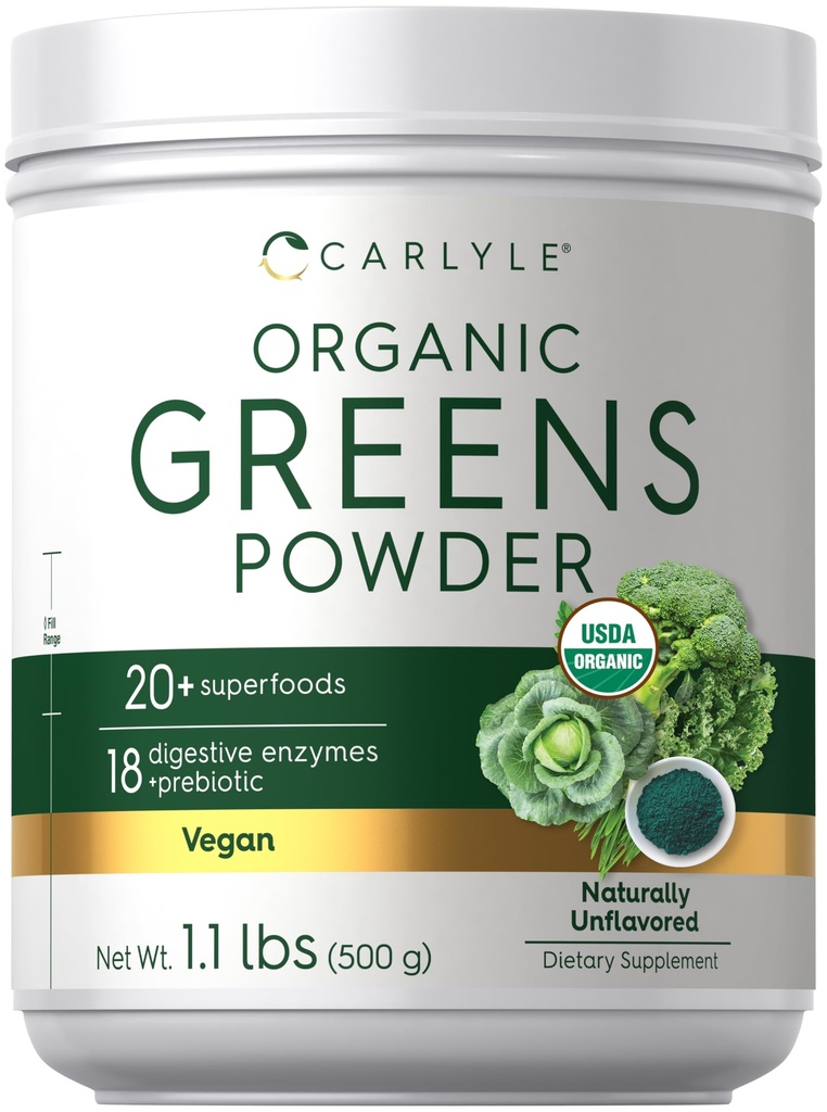 Carlyle Organic Greens Powder 124; 17,6 oz Supplemen: 124; Relieves Occational Gas, ketidaknyamanan & Bloating Atter4; dengan 20 + SuperFoods, 18 Digevical Enzymes, dan Pregories 124; Vegan, Non-GMO dan Gluten Free