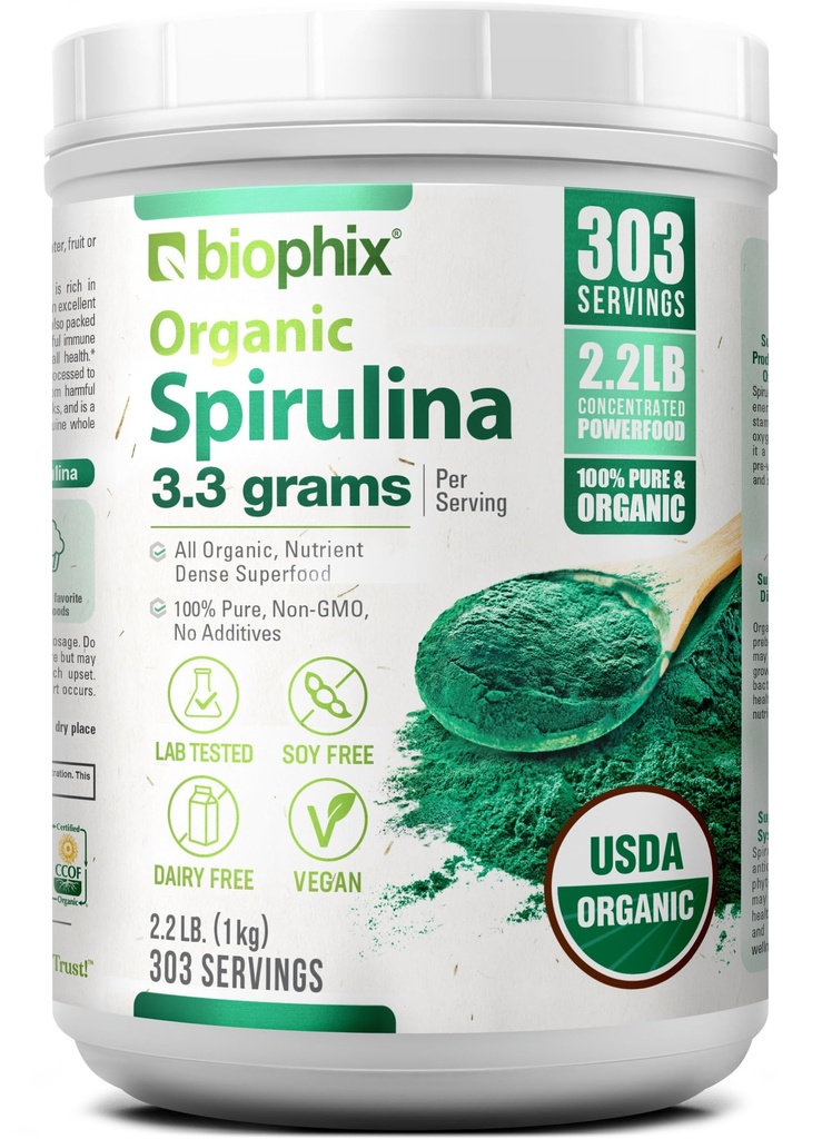 bubuk spirulina organik biophix, 2,2 Lbs 100% Pure Spirulina Blue Green Algae Poader, Vegan, Non GMO, Non-Irradiated, USDA Disertifikasi, Superfood Protein Terbaik