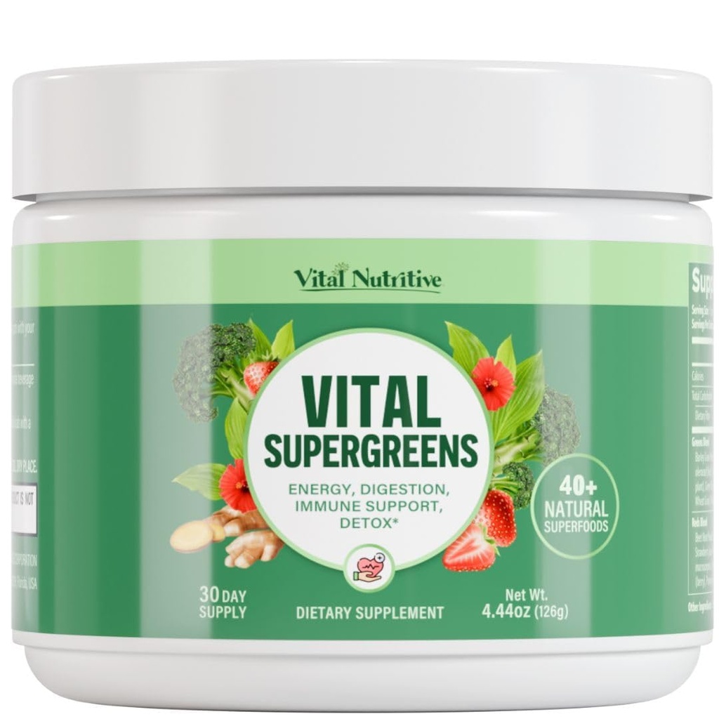 Vital Greens Superfood Powder - New Formula dengan 40 + superfood Daily Green Drink Pounder w / Progreen - Supergreens for Energy, Gut Health, Diatoling Duffer, Pembangkit-Berbasis, Vegan Superfood