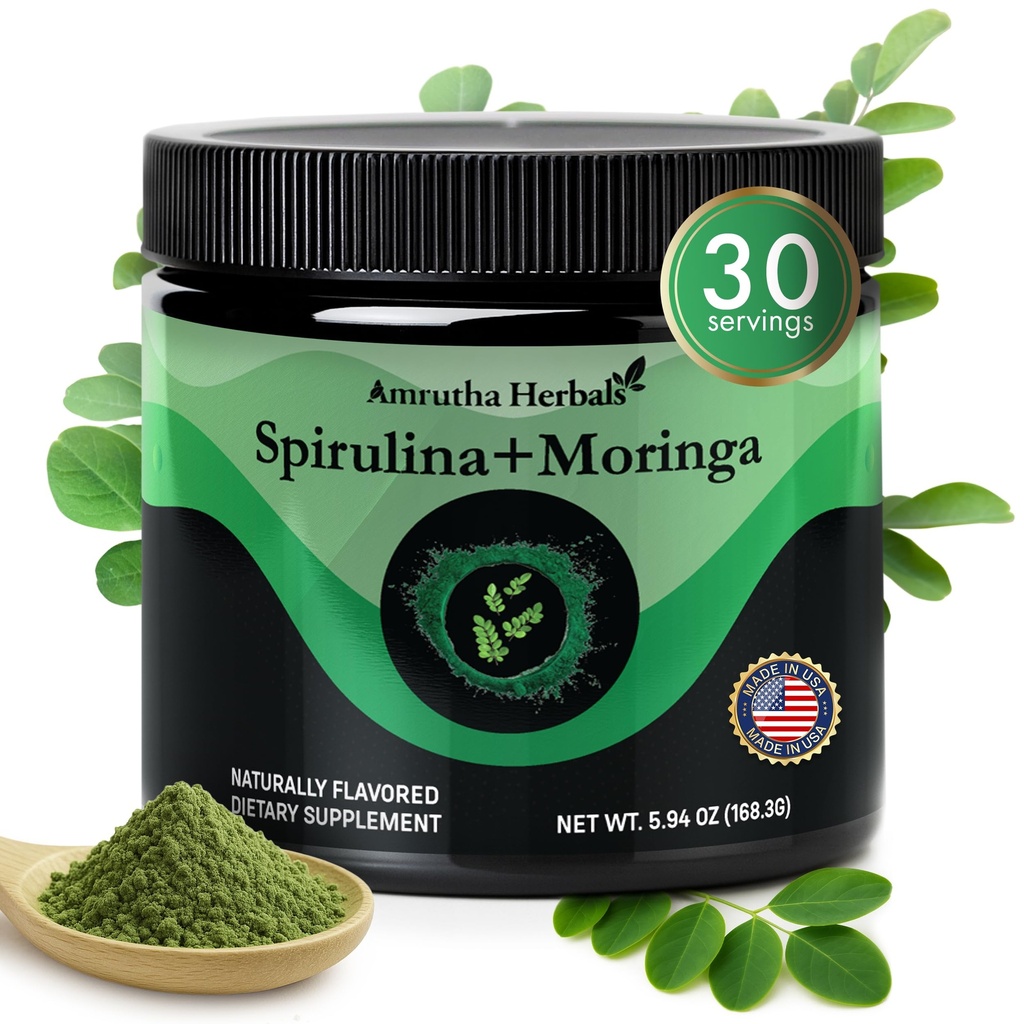 Spirulina Organik + Organic Moringa Greens Powder, Gluten- Free, Vegan Friendly, Detox & Digest, SuperFoods 30 Servis Made in USA