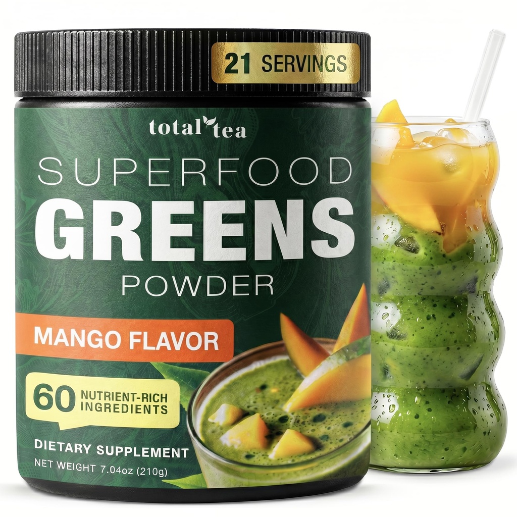 Total Tea Super Greens Powder Supplement, Hijau, Buah, Sayuran, Vegan Minum dengan Spirulina, Chlorella dan Vitamin 25 Pelayan-Mango