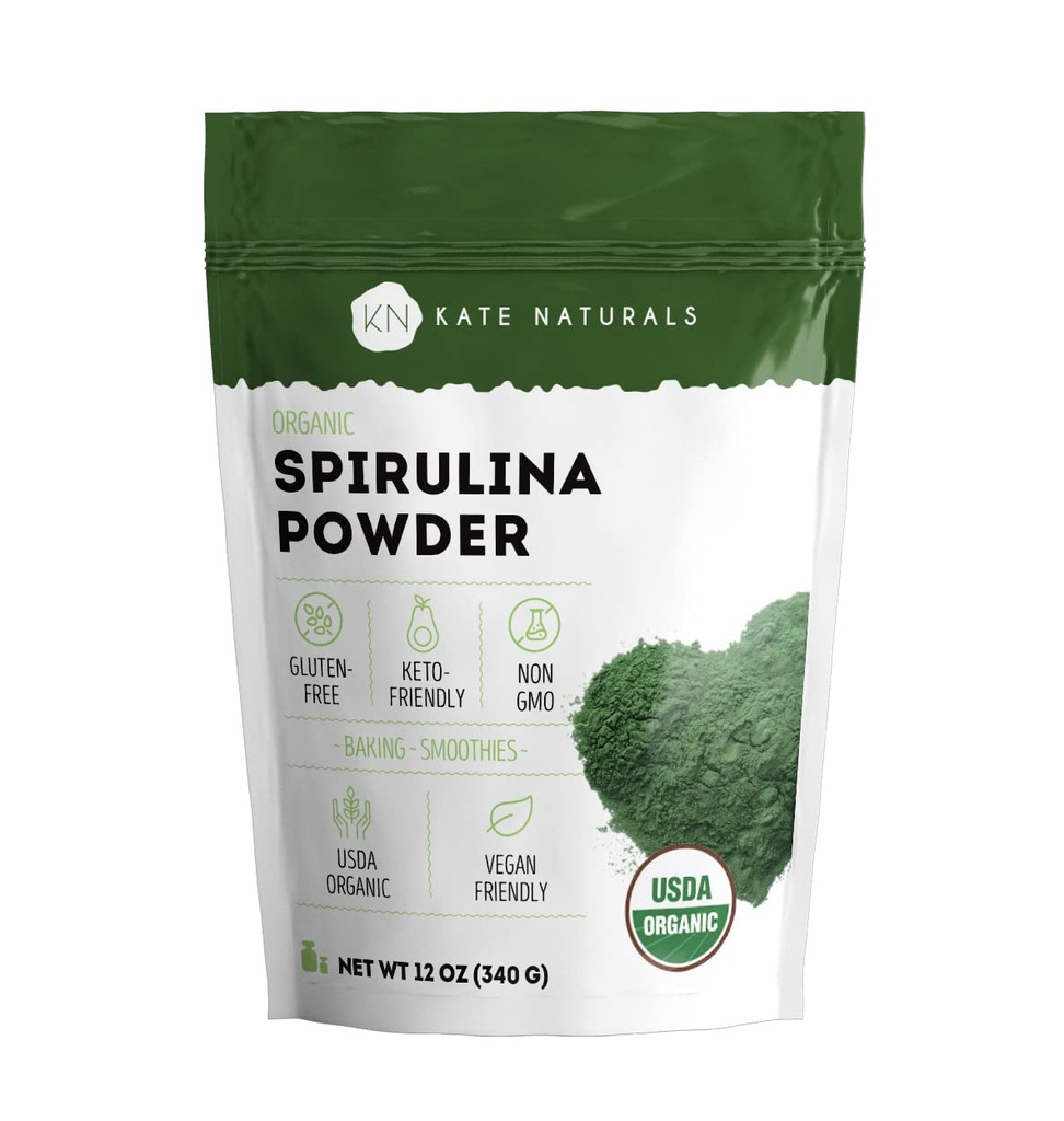 Kate Amoranic Spirulina Powder. Suplemen Makanan Super Bernuansa (12 oz, USDA Certified, Non- GMO, Gluten- Bebas)