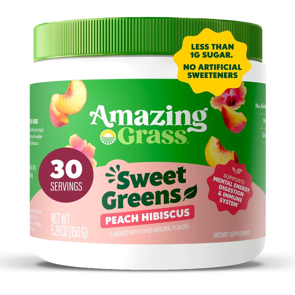Amazing Grass Sweet Greens and Superfood Powder for Digetical Health, Greens Powder, Digetical Enzymes, Prograine, Spirulina, Chlorella, Peach Hibiscus, 30 Servis