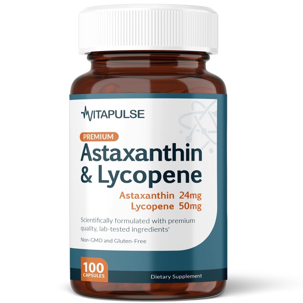 Astaxanthin 24mg dengan Lycopene 50mg Suplemen, 100 Vegetarian Capsules, Non-GMO, Gluten Free