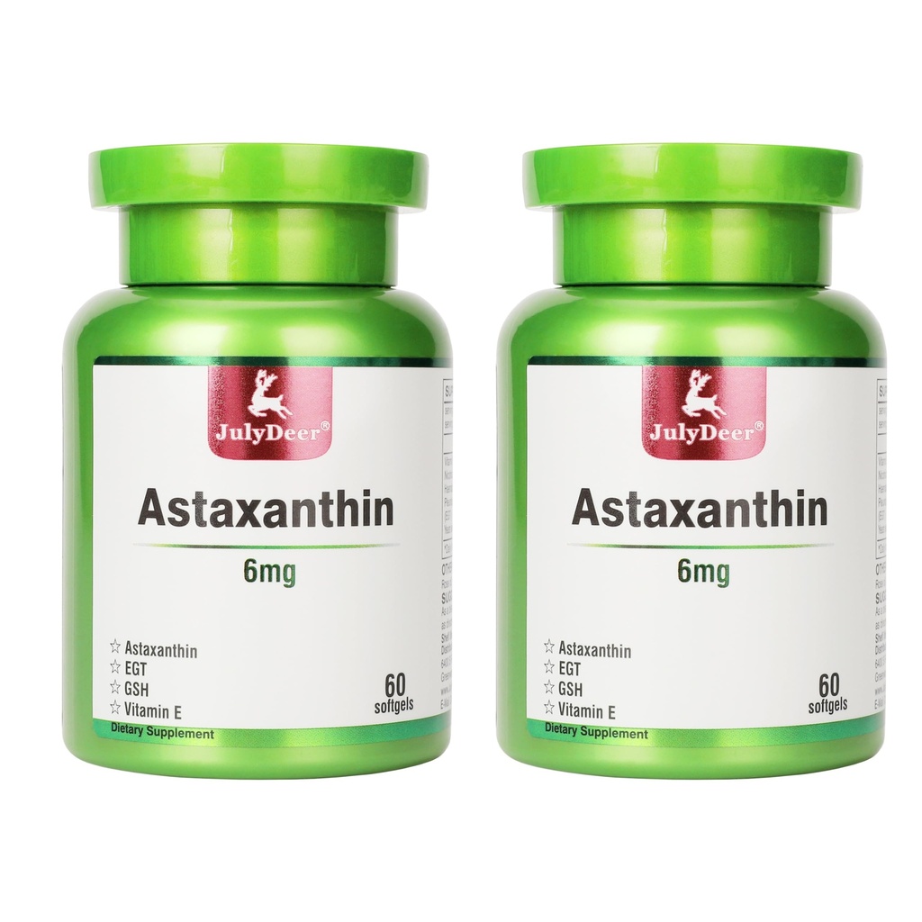 JulyDeer 2 Bottles Astaxanthin 6 mg dengan nikotinamin E Premium Antioksidant Suplemen EGT GSH - untuk Skin, Eye, Gabungan & Imune System Health Cell & Energy 5 dalam 1-120 Softgeels