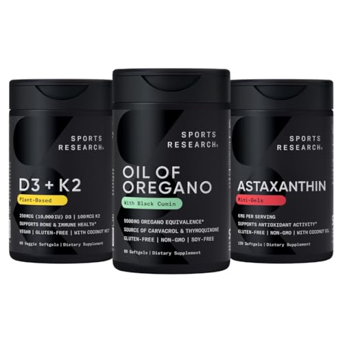 Penelitian Olahraga ® Antioksidant Dukung Pack - Minyak Oregano 9500mg + Vitamin D3 K2 5000iu + Triple Kekuatan Astaxanthin