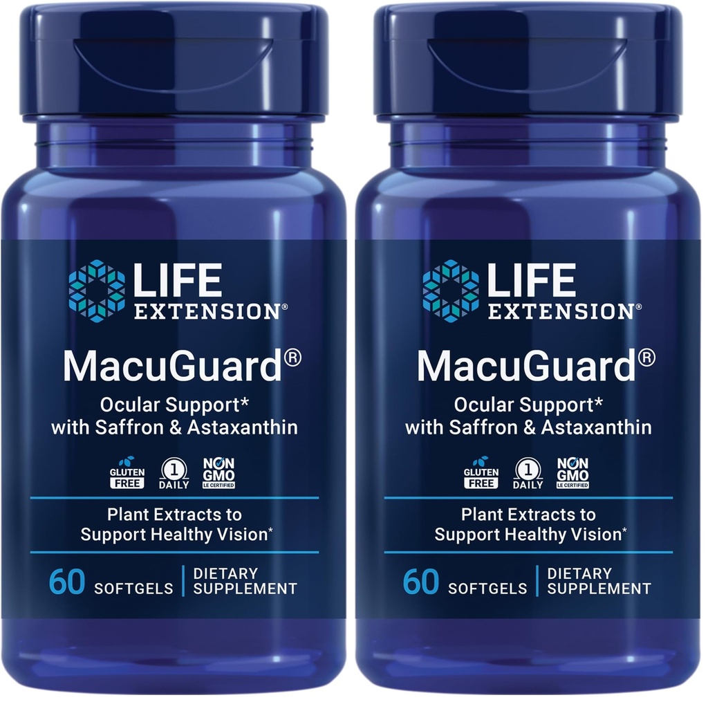 Ekstensi Hidup Macuguard Ocular Dukungan dengan Saffron & Astaxanthin - Tambahan Kesehatan Mata untuk Vision Sehat - dengan Lutein, zeaxanthin, Meso-zeaxanthin - Gluten- Bebas, Non-GMO - 60 softgeels