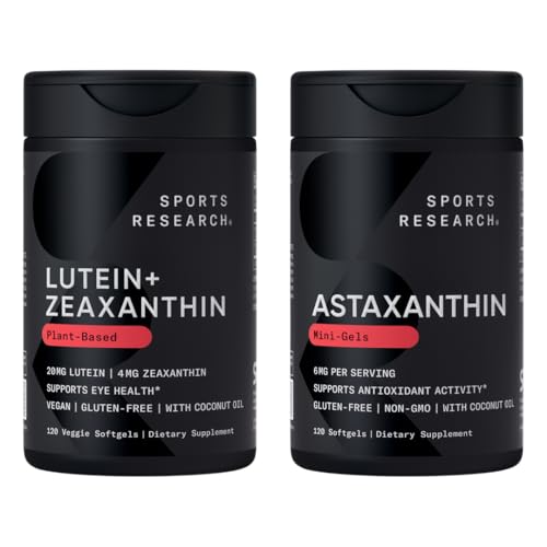 Sports Research ® Eye Support - 20mg Lutein + 4mg Affexanthin Made with Lute-Gen ® dan 6mg Astaxanthin Suplemen (120 Softgels Each)