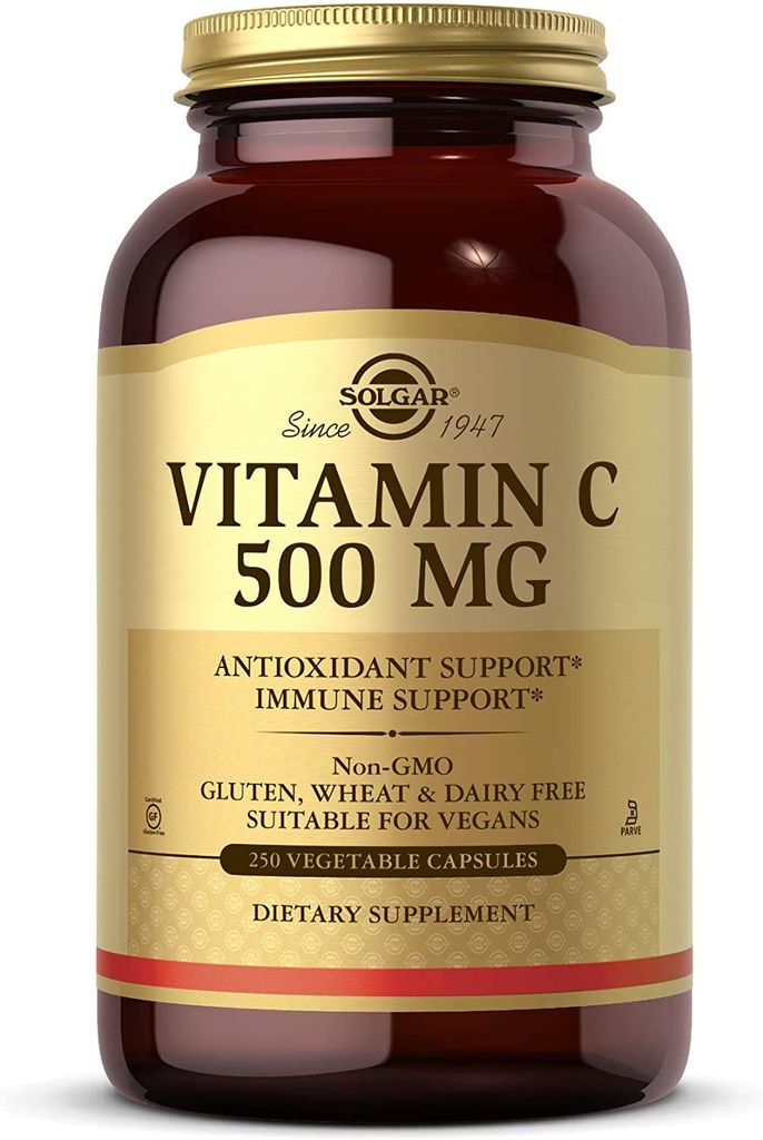 Solgar Vitamin C 500 mg, 250 Vegetable Capsules - Antioksidant & Imune Support - Overall Health - Dupport Heally Skin & Joints - Non-GMO, Vegan, Gluten Free, Kosher - 250 Servings