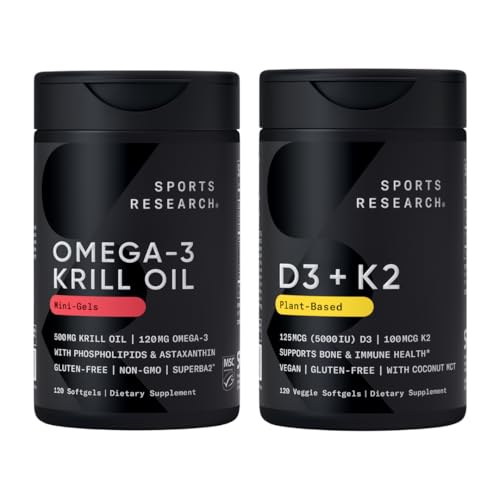 Penelitian Olahraga ® Multivitamin Pack - Omega-3 Krill Oil 500mg w / Choline, Phospholipids & Astaxanthin dan Vitamin K2 & Vegan D3 5000iu dengan Coconut MCT Oil - Non-GMO Bebas