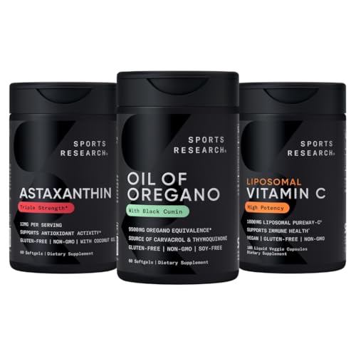 Penelitian Olahraga ® Antioksidan Dukung Kemasan - Minyak Oregano 9500mg + Triple Kekuatan Astaxanthin 12mg + Lipomal Vitamin C Tambahan 1000 mg