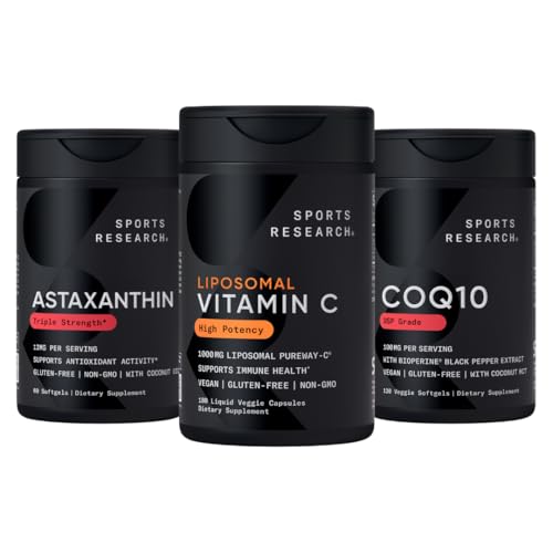 Penelitian Olahraga ® Antioksidant Dukung Pack - Potensi Tinggi Lipomal Vitamin C Tambahan 100mg + Koenzim Q10 100mg + Triple Kekuatan Astaxanthin 12mg w / Organik Coconut Oil