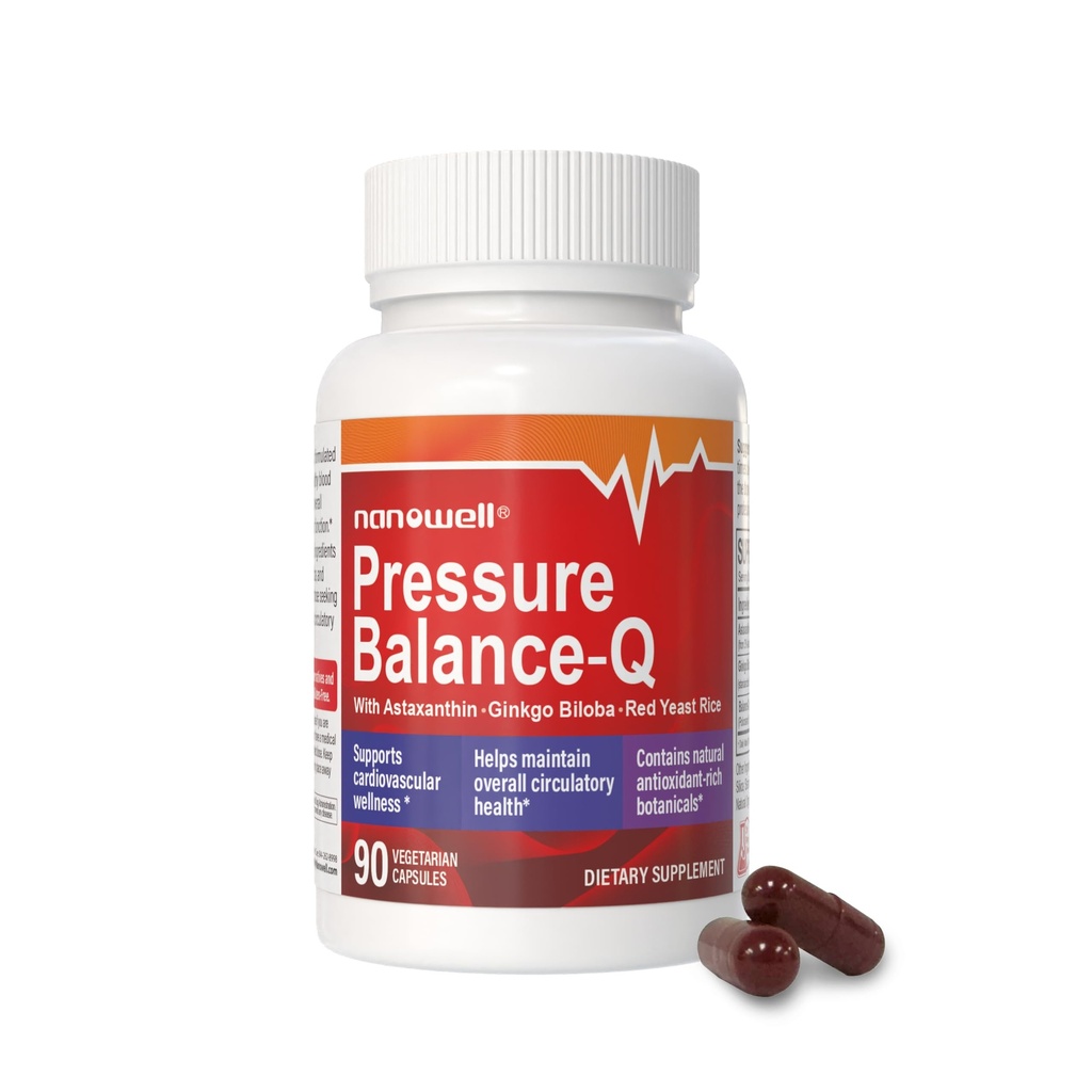 NANOWELL Tekanan Balance -Q 124; Antioxidant Formula dengan Natural None-GMO Astaxanthin 12 mg per Capsule, Ginkgo Biloba, Policosanol, Red Yeast Rice, dan Rosemary Extract 124; 90 Vegetarian Capsules