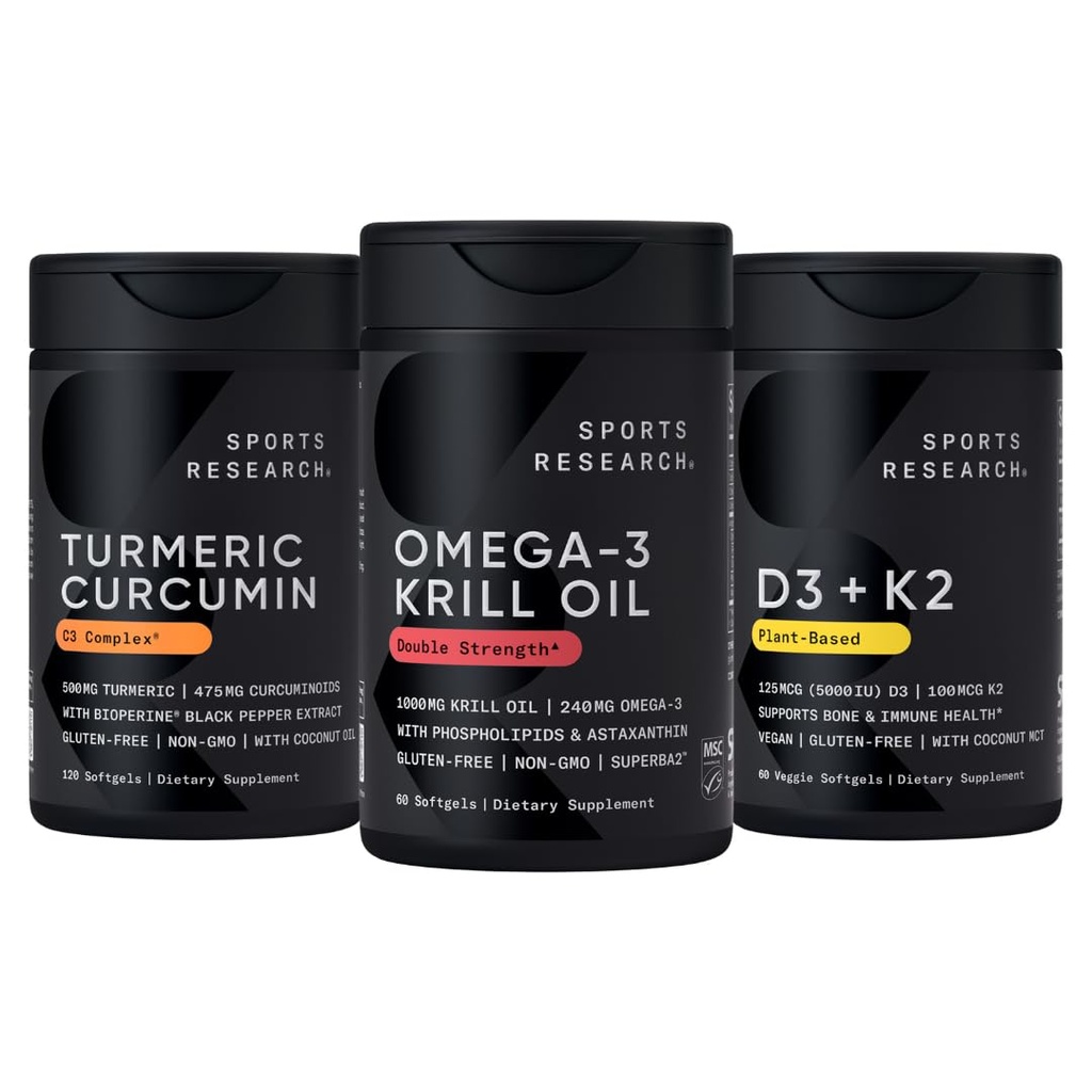 Riset Sports Antartika Krill Oil Omega 3 10000mg (dengan Phospholipids, Cholin & Astaxanthin), Turmeric Curcumin C3 Kompleks (dengan Bioperin Black Pepper & Coconut Oil) & Plant Based Vitamin D3 + K2