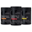 Riset Sports Antartika Krill Oil Omega 3 10000mg (dengan Phospholipids, Cholin & Astaxanthin), Turmeric Curcumin C3 Kompleks (dengan Bioperin Black Pepper & Coconut Oil) & Plant Based Vitamin D3 + K2