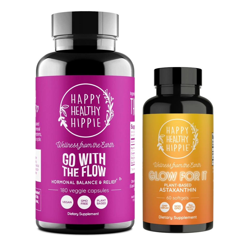 Happy Healthy Hippie Glow for It Astaxanthin Suplement & Go with The Flow Hormone Balance for Women 180ct