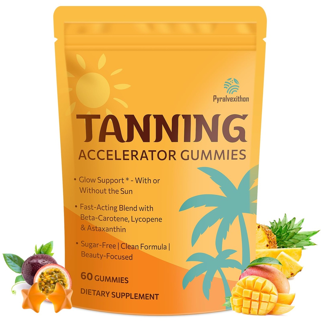 Tanning Gummies dengan Astaxanthin untuk Perempuan dan Pria: 124; Sless Tanning Suplemen dengan Beta Carotene, Lycopene, Collagen & Vitamin 124; Skin Radiance & Hidration 124; Vegan & Sugar Free - 60 Count