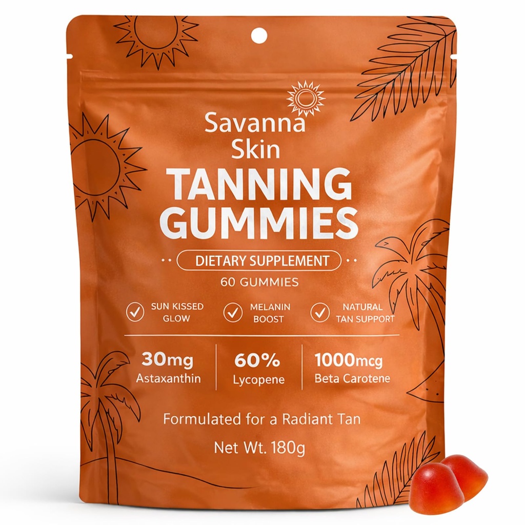 Savanna Skin Tanning Gummies, dengan Vitamin C & E, Astaxanthin, Beta Carotene, Skin Radiance & Hidration for Natural Looking Glow, Bronzing, Non- GMO, Vegan & Sugar Free (1)