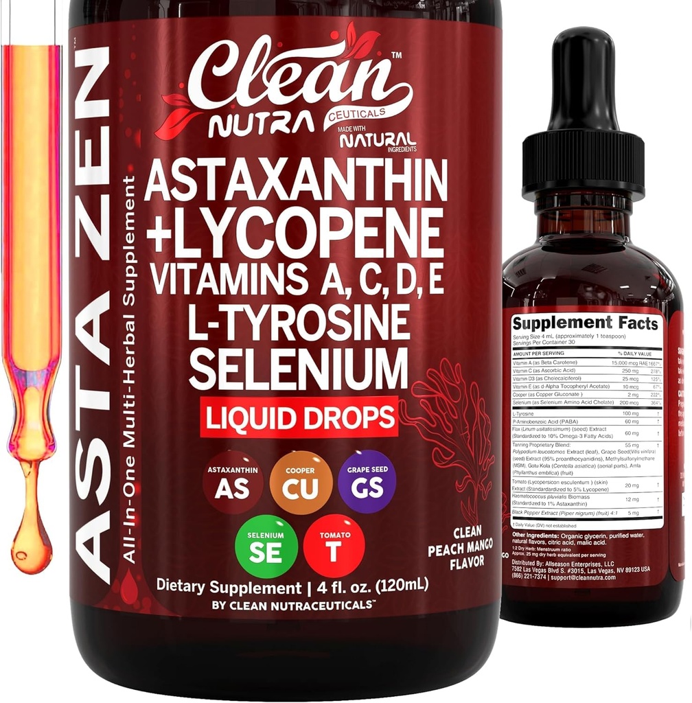 Bersihkan Nutra Astaxanthin Lycopene Liquid Drops Pengaruh Dosis A C D E 4 FL oz - Progial D3 C E A & Selenium L- Tyrosine Formula Antioksidant Blend Enhanced NUtrient Uptake