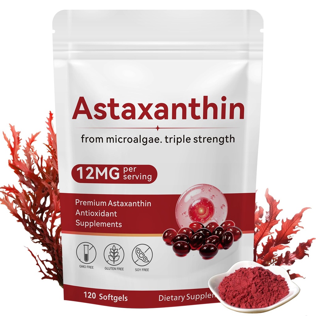 Astaxanthin 12mg, 120 Softgels, Premium Astaxanthin Antioksidant Supports Eye, Skin Health, Imune, Internal Circulation