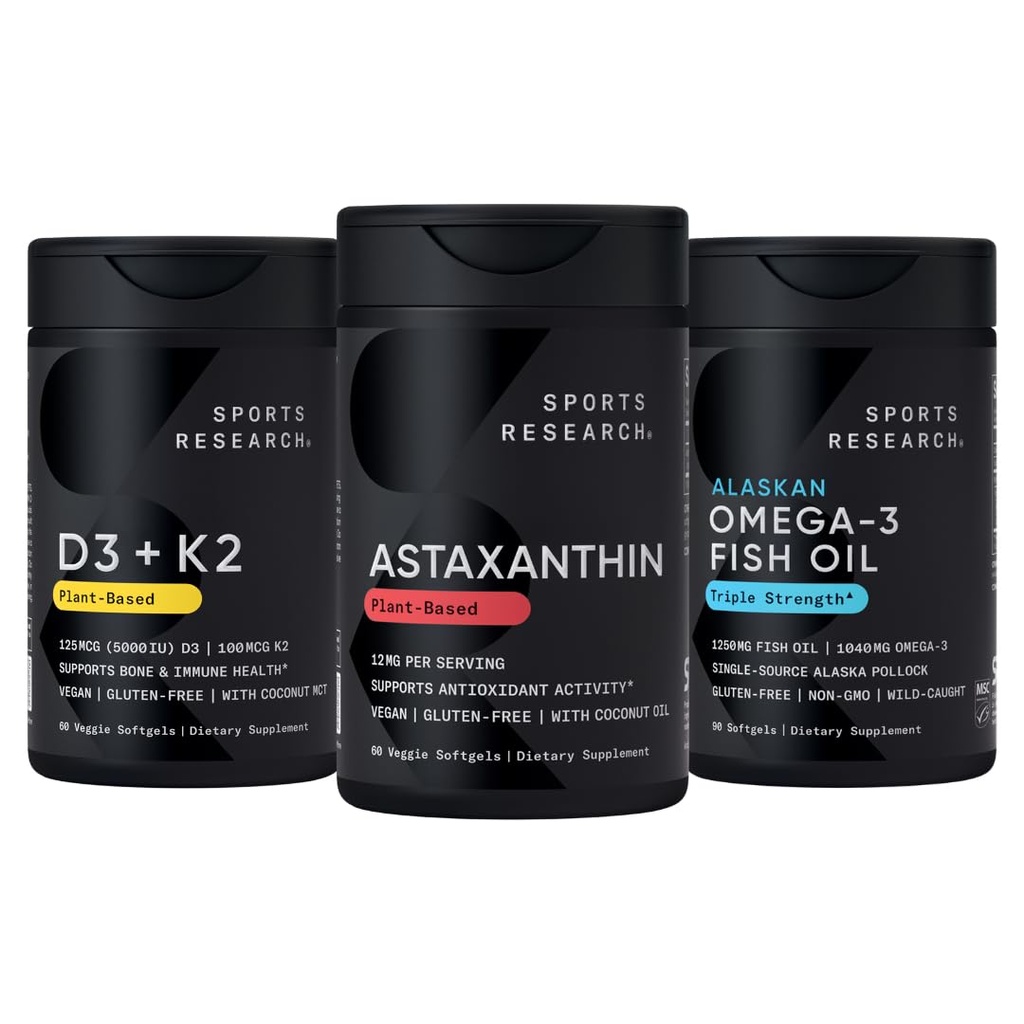 Penelitian Olahraga ® Antioksidant Dukung Pack w / Triple Kekuatan Vegan Astaxanthin Tambahan dari Algae, Omega-3 Minyak Ikan 1250mg, dan Vitamin D3 5000iu & Mk7 Vitamin K2 dengan Coconut MCT Minyak