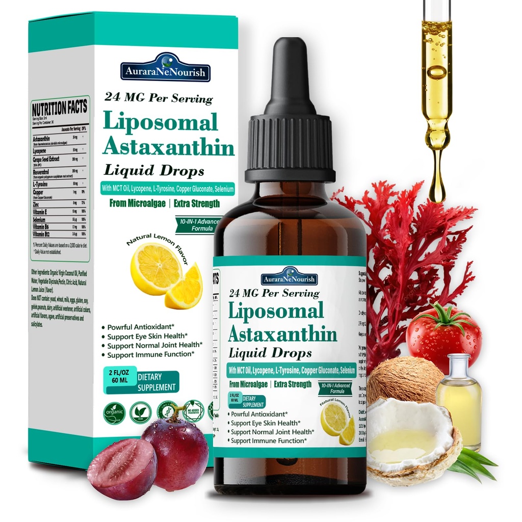 Lipomal Astaxanthin 24mg Liquid Drops, 11- 1 Antioksidant dengan MCT Oil, Lycopene & Organic Coconut Oil, Fresh Microalgae Source, Supports Eye Skin Joint Health for Women & Men, Lemon Flavors