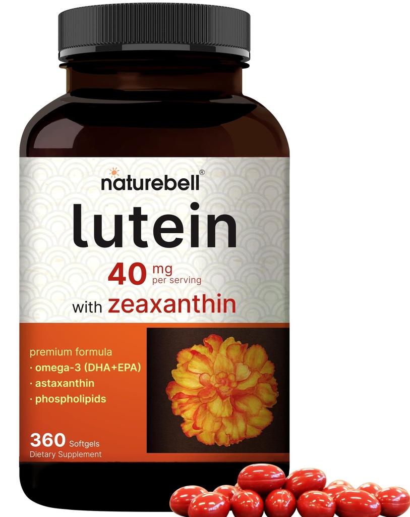 Lutein 40mg + vanxanthin 1.600mcg, 360 Softgeels = 124; 4-1 Formula dengan Astaxanthin, Omega-3 & Phospholipids 124; Marigold Flower Ekstraksi Mata, Otak & Vision Health 124; Non-GMO, Gluten Free