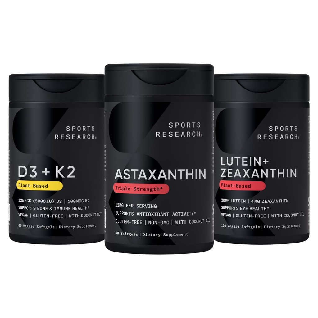 Penelitian Olahraga ® Antioksidant Dukung Pack w / Astaxanthin 12mg, Vitamin D3 5000iu + K2 100mcg, dan Lutein 20mg + Atxanthin 4mg Suplemen - Vegan Disahkan GMO